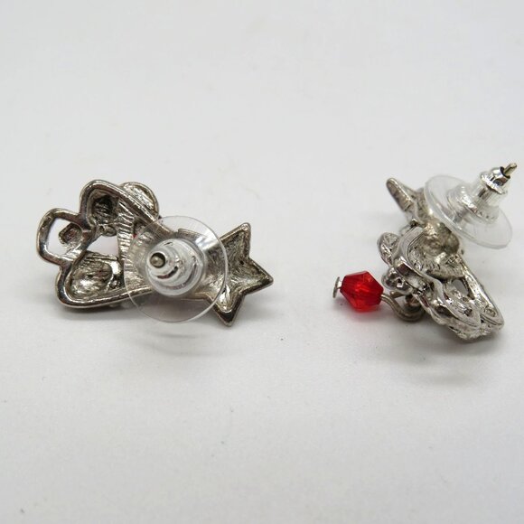 Christmas Earrings Presents Candy Cane Star Silver Tone Pierced Red Dangle Bead - Picture 6 of 7